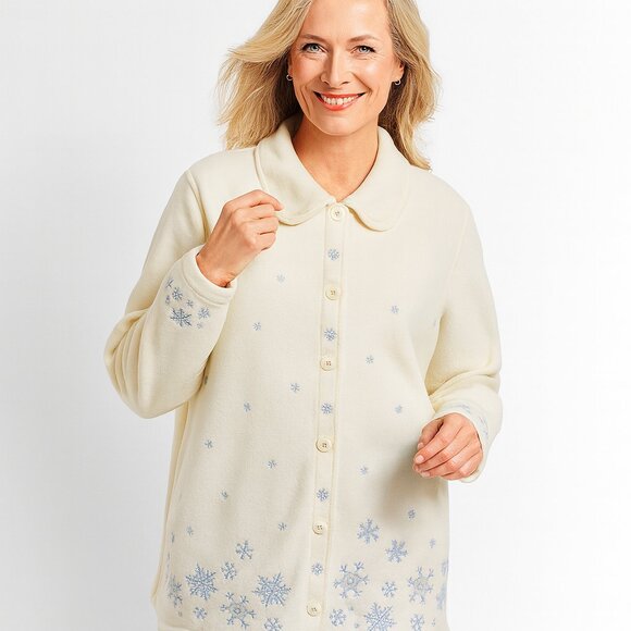 croft & barrow Jackets & Blazers - Croft & Barrow Women XL White Fleece Jacket Blue Snowflake Print Winter Holiday